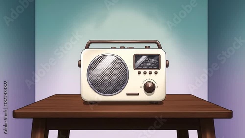 Vintage radio placed on wooden table with soft gradient backdrop