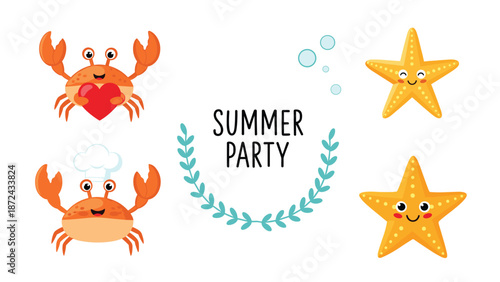 Fun summer party theme featuring cute cartoon crabs and happy starfish with bubbles and a laurel wreath on a white background.