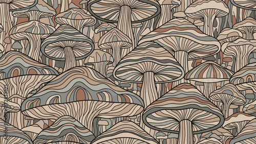 Detailed and dense pattern of stylized mushrooms with wavy caps in various earthy brown, beige, and gray tones.
