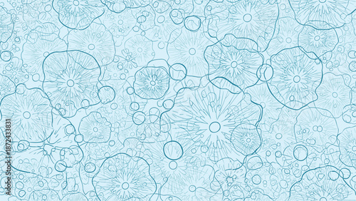 Intricate abstract pattern of light blue overlapping circular and floral shapes with fine details and a layered texture.