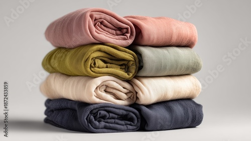 Stacks of folded hijab scarves in various colors displayed on a simple surface in a bright setting