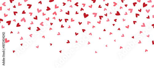 Heart long border. Bright hearts confetti falling on white background. Valentines Day banner. 8 March card. Wedding invitation