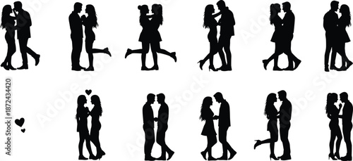 Romantic couples silhouette collection, love relationship poses, hugging kissing partners, romance, passion, dating, intimacy, affection, valentine concept, togetherness, emotion