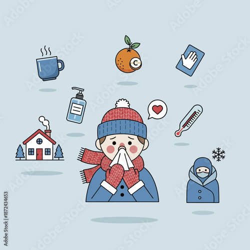 Cartoon Child with Cold and Flu.