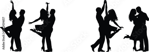 Romantic dance couples silhouette set, elegant ballroom partners performing expressive moves isolated on white background, love passion celebration concept art