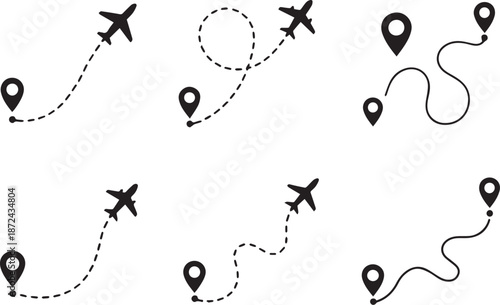 set of airplane location route icon pack