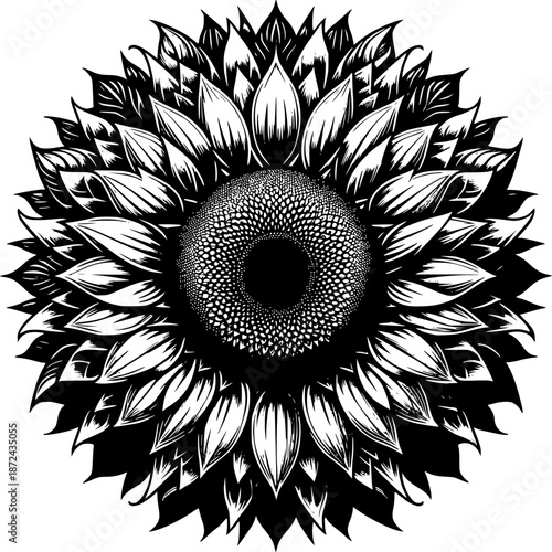 Sunflower Mandala: A captivating black and white artistic rendering of a sunflower meticulously crafted in a mandala design, creating a harmonious and mesmerizing visual experience.