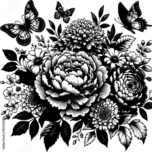 Elegant Floral Embellishment: A timeless black and white illustration that showcases a stunning arrangement of flowers and butterflies, capturing the grace and beauty of nature
