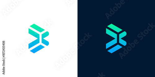 Modern abstract letter B or D geometric logo design featuring a vibrant blue and green gradient, perfect for technology, digital, or startup companies seeking a sleek brand identity