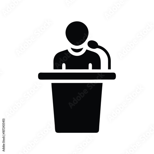 A black icon shows a man giving a speech from a podium with microphone