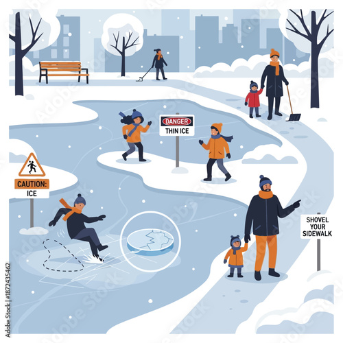 Children Ice Skating on Frozen Pond Winter.