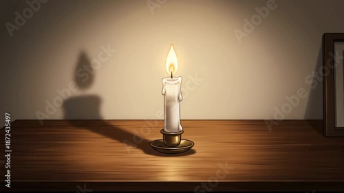 Single candle burning softly on wooden table indoors