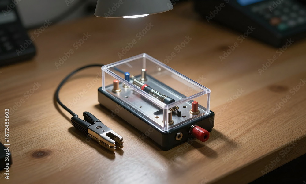 Fototapeta premium small compact device alligator clip attachment sits wooden workbench spotlight shining transparent cased tester