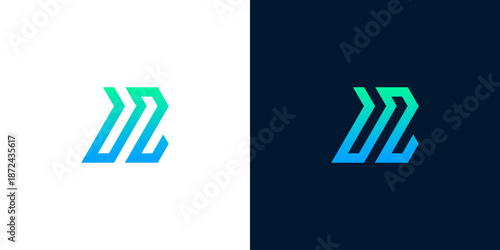 Modern abstract geometric logo design in a vibrant blue and green gradient, embodying dynamism and forward momentum, perfect for technology or digital business branding
