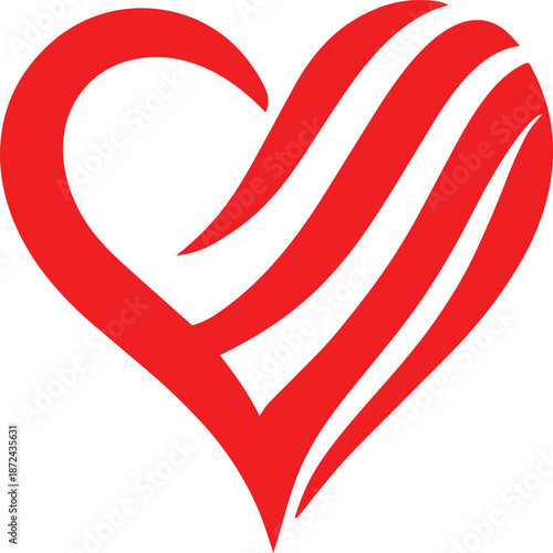 A vibrant red heart illustration featuring dynamic sweeping lines within its form symbolizing passion and energy