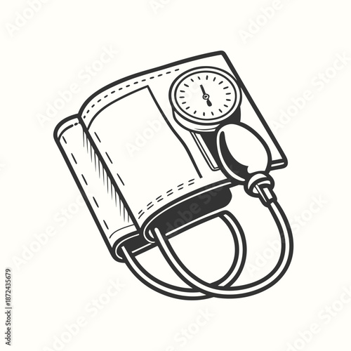 Vintage black and white sphygmomanometer shows blood pressure measurement on offwhite background