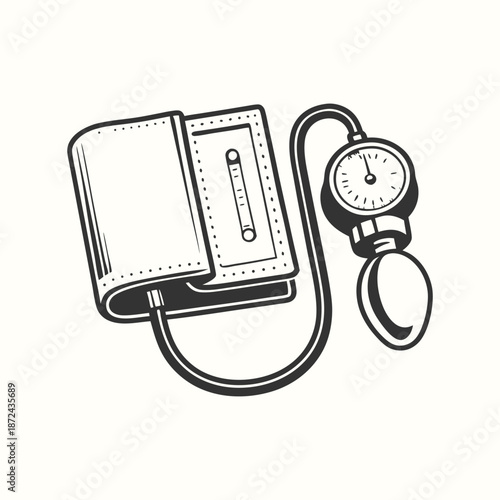 Detailed sphygmomanometer shows vintage medical device with cuff and gauge for accurate blood pressure check