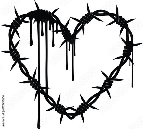 Stylized illustration of a barbed wire heart with dark liquid dripping, symbolizing intense emotion and struggle