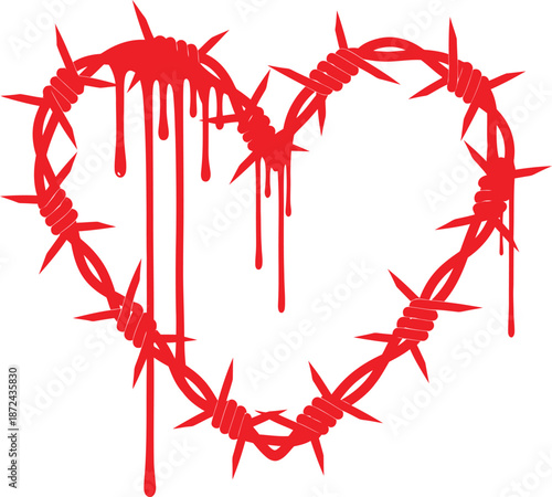 A striking illustration of a heart entwined with barbed wire, symbolizing love's painful struggles and emotional wounds, with dripping blood
