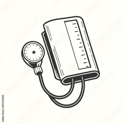 Handdrawn monochrome sphygmomanometer demonstrates vintage medical equipment for measuring arterial pressure with retro charm