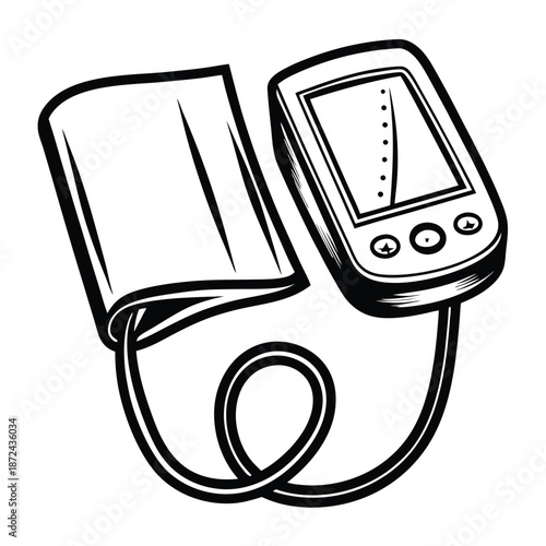 Stylized illustration depicts a monochrome sphygmomanometer with digital monitor and an inflated cuff on a white background