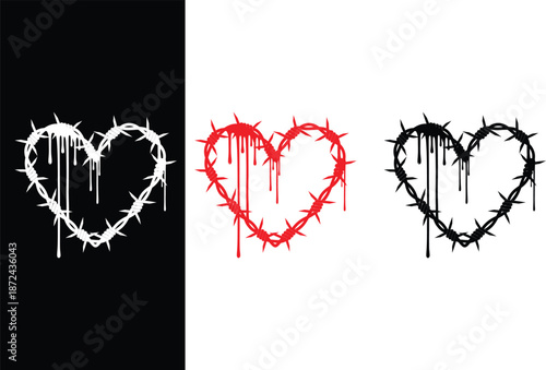 Striking set of three barbed wire hearts with dripping designs, symbolizing profound emotional depth, pain, and resilient affection
