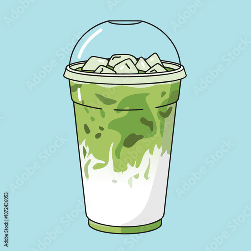 Iced matcha latte drink in a plastic cup with a clear dome lid