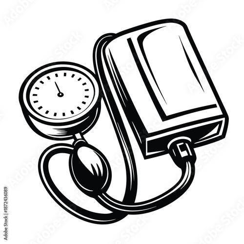 Detailed sphygmomanometer illustration in black and white depicts medical equipment monitoring blood pressure