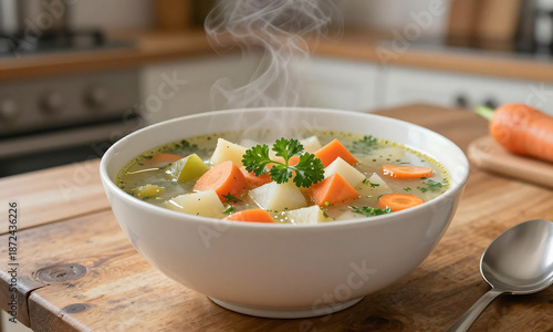 steaming bowl hearty vegetable soup sits atop worn wooden table garnished fresh parsley carrots amidst warm