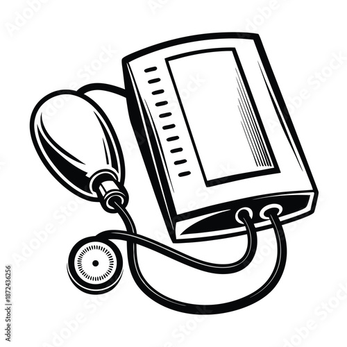 An isolated sphygmomanometer displays a bulb, tube, and digital monitor with black lines