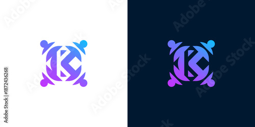Dynamic letter K logo design, symbolizing unity and connection within a vibrant community, featuring a modern abstract gradient aesthetic suitable for technology and social networking brands