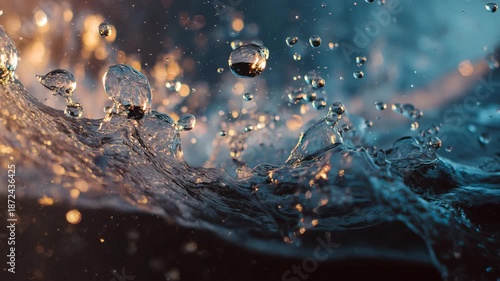 4K Dynamic water splash with droplets and bokeh lights abstract closeup of liquid in motion, creating waves and reflections video