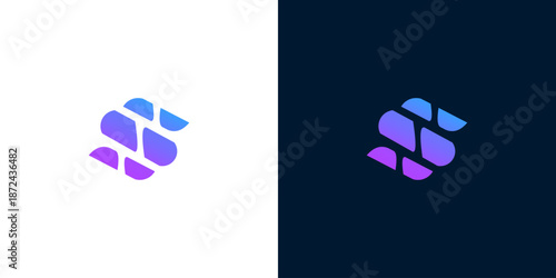 Abstract logo design with purple and blue gradient shapes on white and dark backgrounds