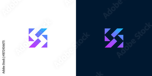Abstract geometric logo with gradient colors on white and dark backgrounds