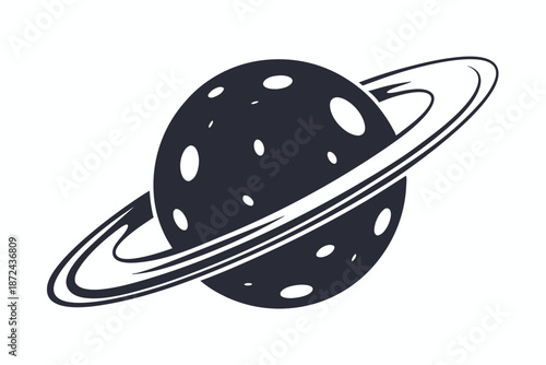 Dark dotted planet orbits within its ring system, which stands against a white backdrop