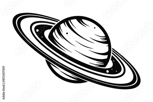 Saturn's bold monochrome rings and planet body showcase a cosmic black and white vector