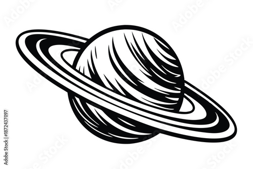 Dark gray planet with white spots and ring system stands against white backdrop