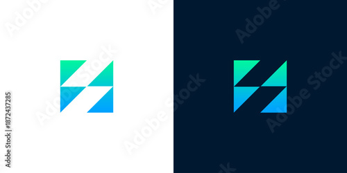 Geometric abstract square logo design with gradient colors on white and dark backgrounds