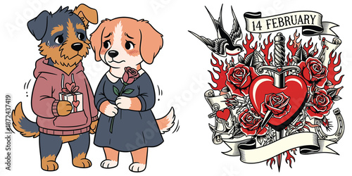 Two cartoon dogs one holding a gift and the other a rose with a tattoo style design of a heart sword roses and flames