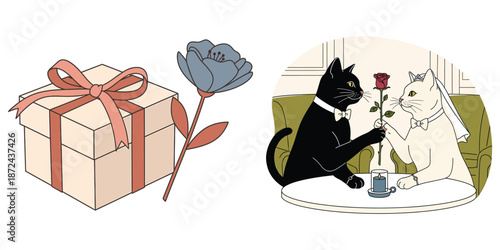 Two cats in formal wear sharing a rose on a candlelit table with a gift box and flower nearby couple