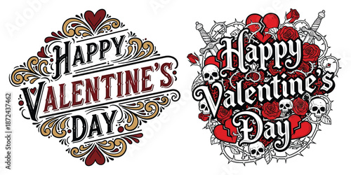 Two distinct graphic designs for happy valentines day with different decorative elements love romance