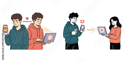 Two men sad with phone and laptop connection and two people happy with phone and laptop connection crying