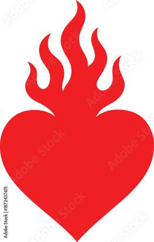 A vibrant red heart shaped image is depicted with flames rising from its top symbolizing passion and intensity