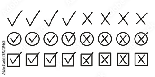 Hand drawn check and cross icons set in circle and square outline checklist marks vector illustration. Check tick mark icon set. Cross box x check mark checkbox v list vector draw hand drawn sketch