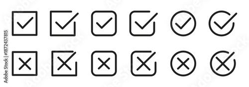 Check mark icons. Green check mark icon and red cross icon sheet. green tick and red x. Symbols of approval and Decline, outline and fill vector illustration