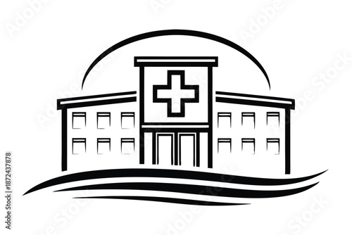 The hospital building stands tall, presenting a prominent cross and minimalist architectural structure