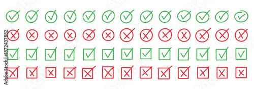 Hand drawn doodle checkmark and cross icons set checklist marks in box and circle grunge brush style vector illustration