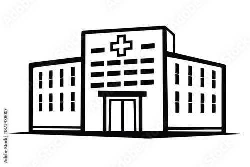 A bold outline of a hospital facade features prominent window placement and strong contrast