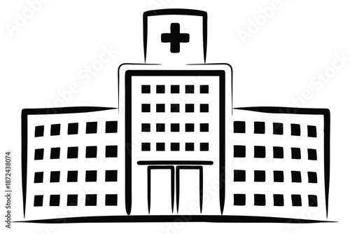 Black line art depicts a multistory building with cross symbol and window details