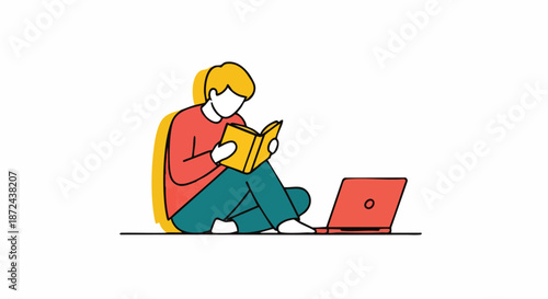 Person sitting on floor reading a book next to a laptop, studying or working remotely, modern illustration